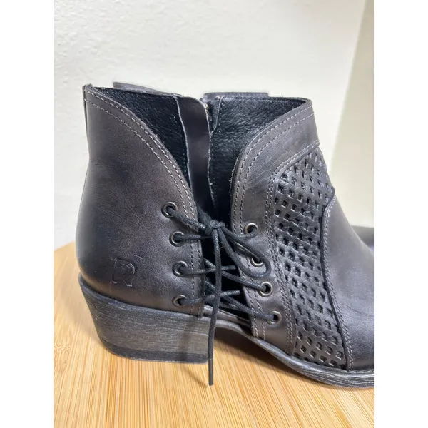 Roan by Bedstu Antonia Leather Ankle Boots 8 Black Lace Up Side Zip Block Heel‎ - Image 2