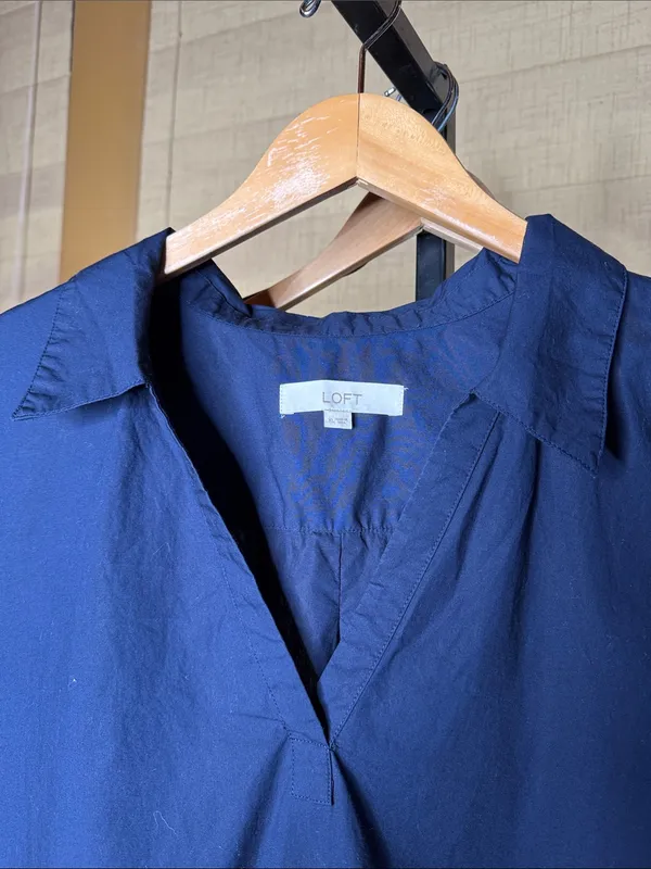 LOFT Deep Navy Cotton Poplin Sleeveless Collared Bubble Hem Top Size XL - Image 5