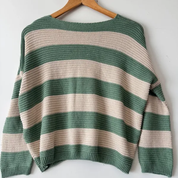 Striped Knit Sweater Women's Green Beige‎ Pocket Detail Pullover Casual - Image 2
