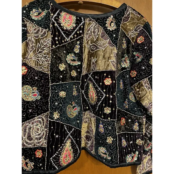Vintage Velvet Patchwork Embroidered Jacket Black Size M - Image 8