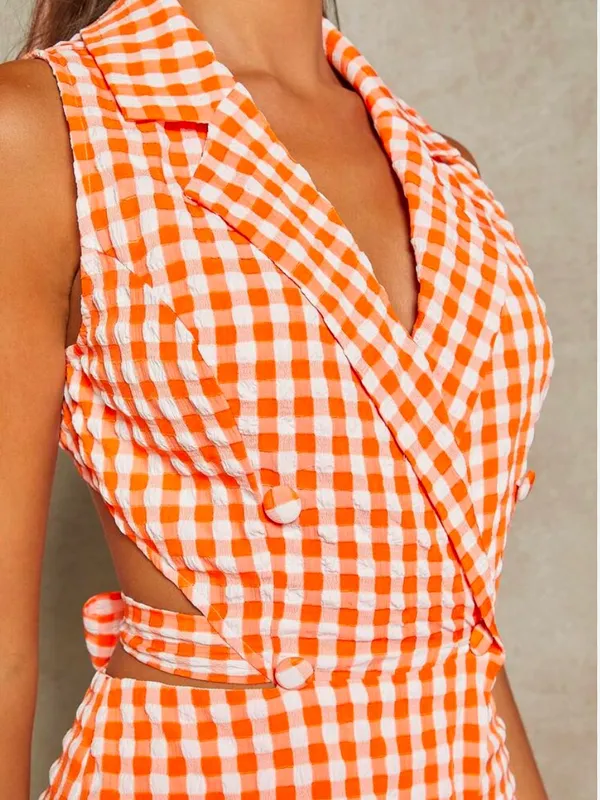 SHEIN Orange Gingham Sleeveless Wrap Romper - Image 3