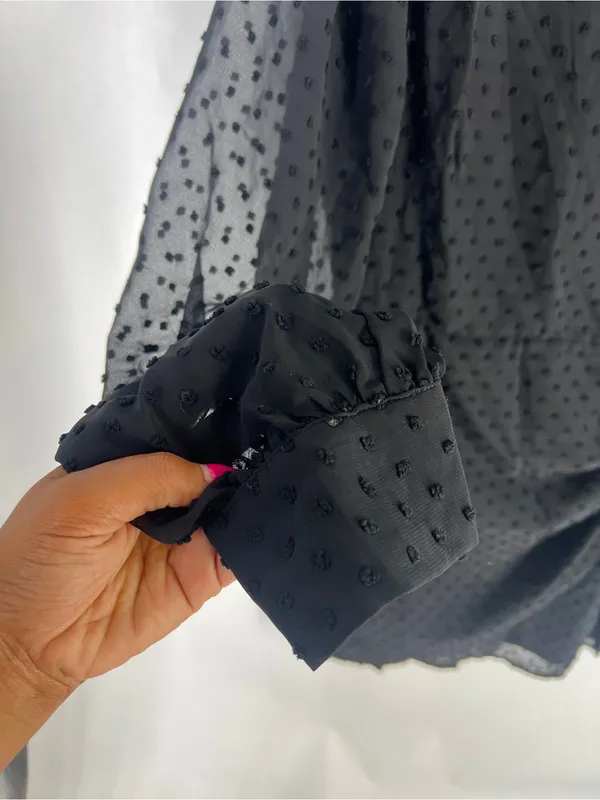 Lulus Black Swiss Dot Ruched Tie Mini Dress Size L NWT - Image 4