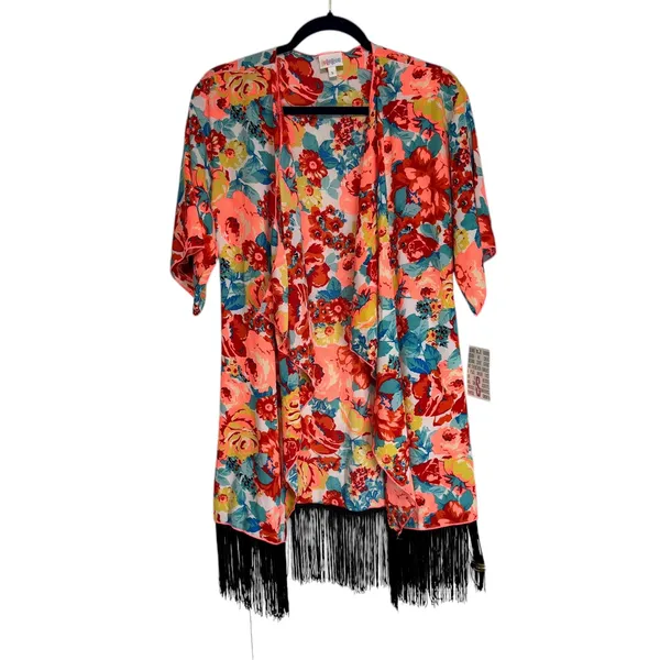 LuLaRoe Monroe Kimono Cardigan Floral Fringe‎ Coral Blue Yellow Pink Size S - Image 2