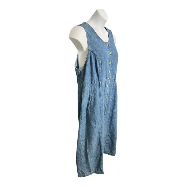 90s Christopher & Banks Blue Denim Midi Dress Sleeveless Size XL Cotton Button - Image 3