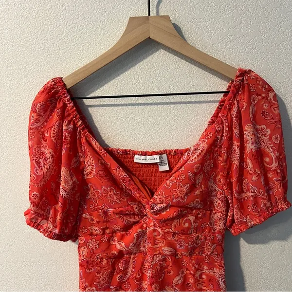 Sincerely Jules Vibrant Coral Paisley Print Chiffon Sweetheart Mini Dress Size S - Image 2