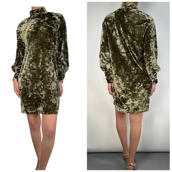 Bimba y Lola Velvet Dress Womens M Olive Green Whimsigoth Mock Neck Button‎ Cuff - Image 3