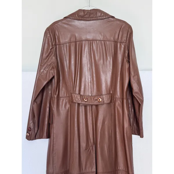 1970s The Tannery For Montgomery Ward Brown Leather Trench Coat M Long Coat - Image 9