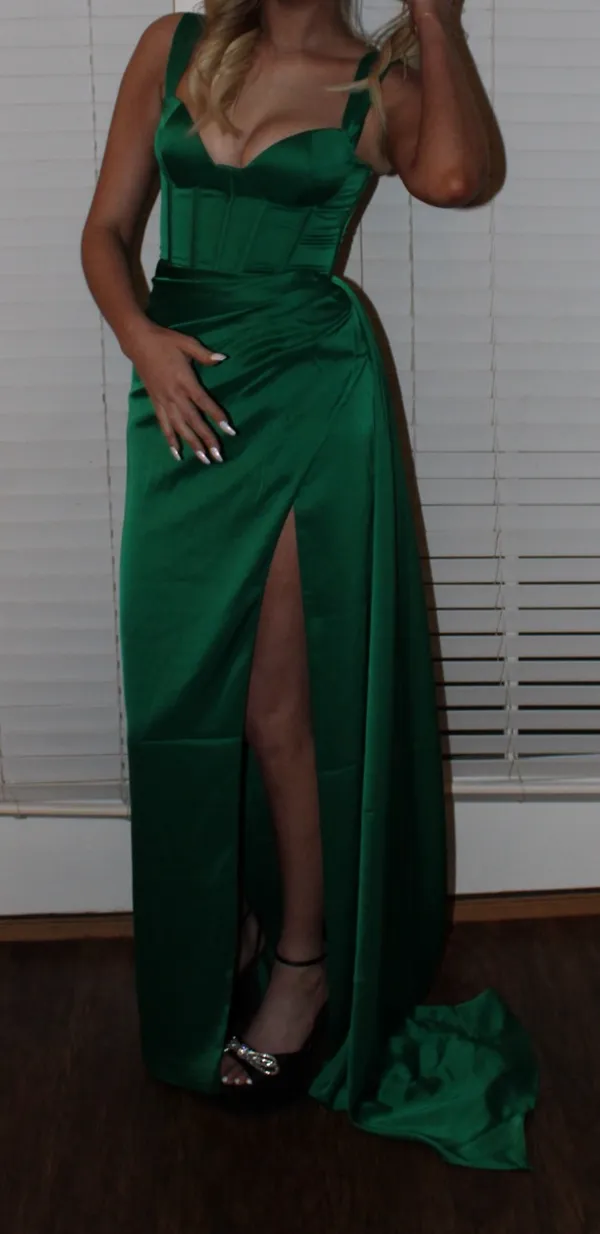 Miss Circle ASOS Green Off-Shoulder Crystal Corset Satin Gown - Image 3