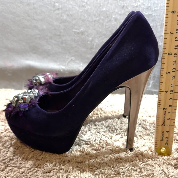 1665 | Aldo Bouch Jewel‎ Feather Embellished Platform Pump Purple Women 9 / 40 - Image 3