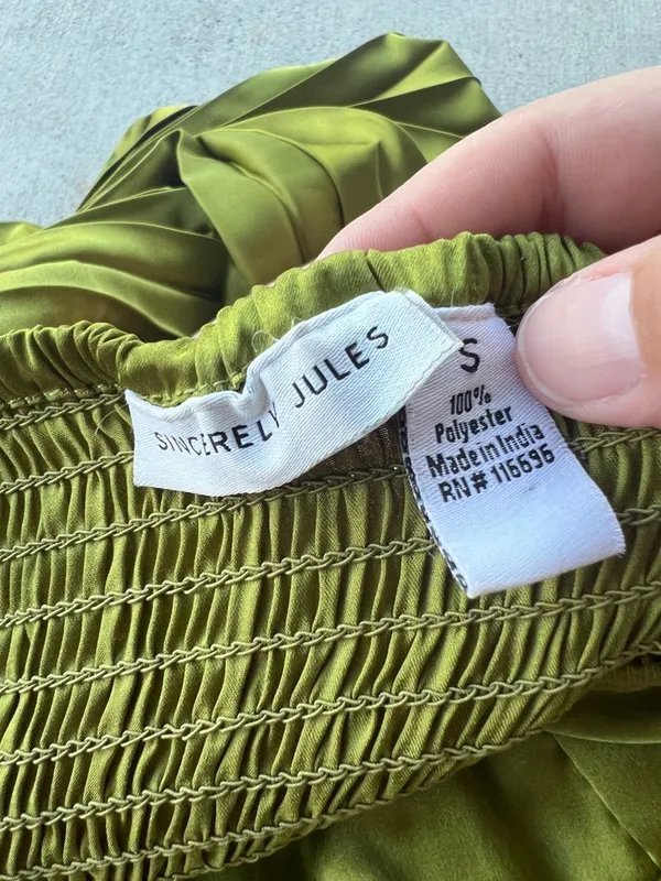 Sincerely Jules Olive Green Satin Pleated Cutout Maxi Dress Size Small - Image 6