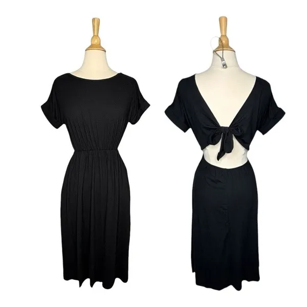 Entro Midi Dress Womens Small Black Open‎ Tie Back Short Sleeve Pockets 6164 - Image 2