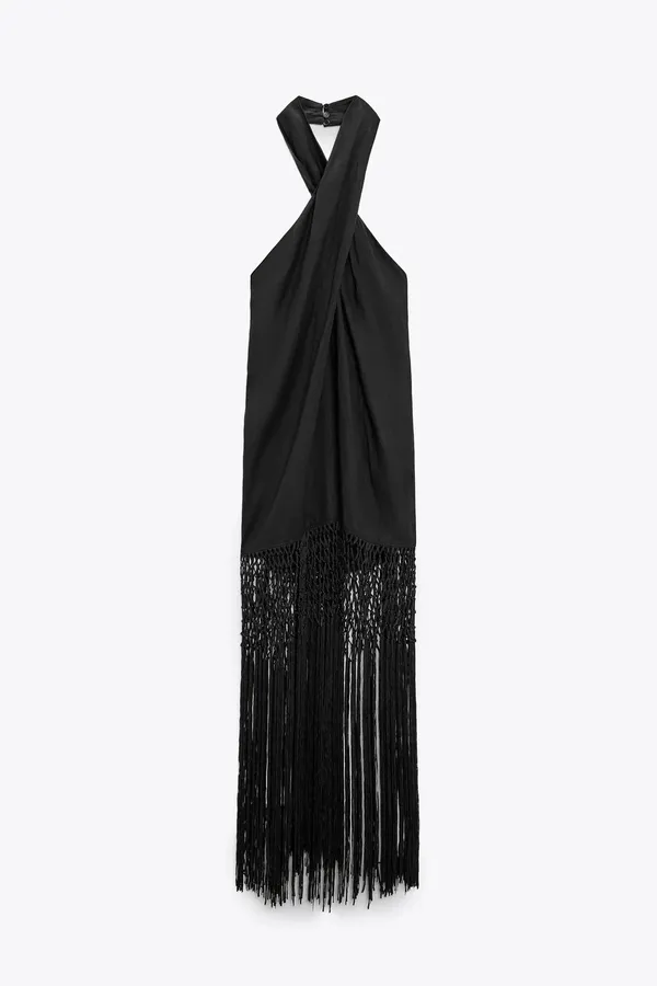 ZARA dress midi black halter neck linen fringed fringes boho - Image 12