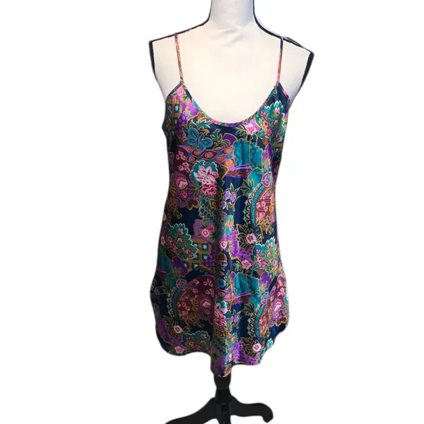 Vintage California Miss Floral Satin Short Chemise M Nightgown Side Slit - Image 3