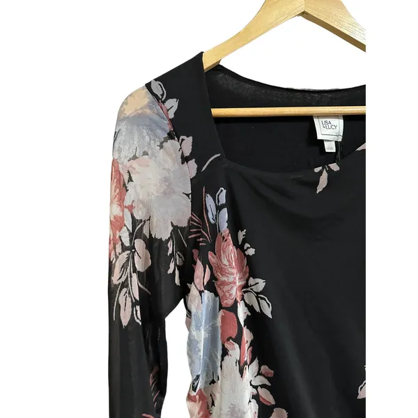 Lisa & Lucy mesh side ruched maternity black floral dress size Large‎ NEW $108 - Image 2