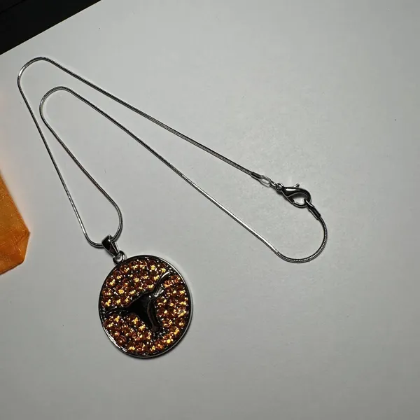 Rhinestone Texas Longhorn Round Pendant Silver Tone Chain Necklace - Image 3