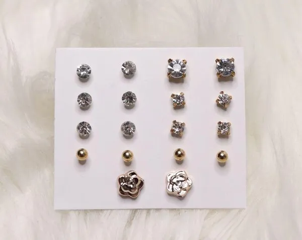 9 Pairs Gold faux Diamond Stud Earrings Bundle - Image 3