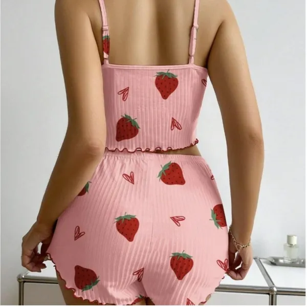 Women’s Pink Strawberry Graphic Ribbed Knit Cami & Shorts Pajama Set S - Image 3