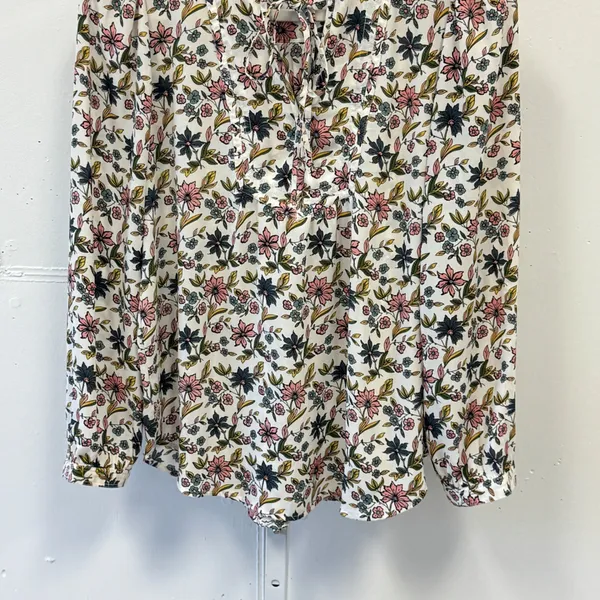 LOFT Petites Floral Split Neck Tie Blouse White Pink Blue Long Sleeve SP - Image 4