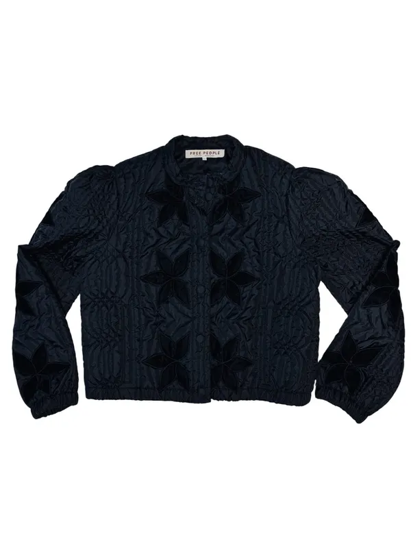Free People Quinn Quilted Jacket with Velvet Floral Detail in Black - Image 7