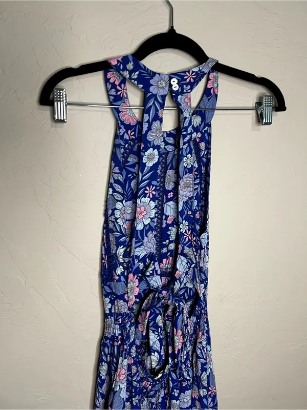 Abel The Label Blue Pink Floral Tie Back Bell Cottage Front Slit Maxi‎ Dress - Image 8
