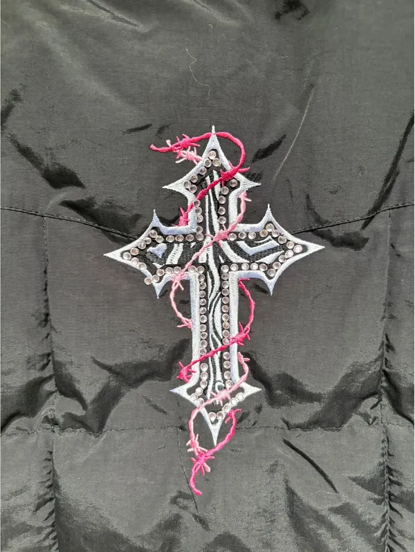 Y2K Cowgirl Hardware Black Puffer Vest Medium Rhinestone Cross Western Goth - Image 6