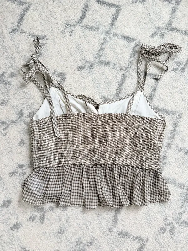 American Eagle Outfitters Brown and White Gingham Tie-Shoulder Crop Top - Image 3