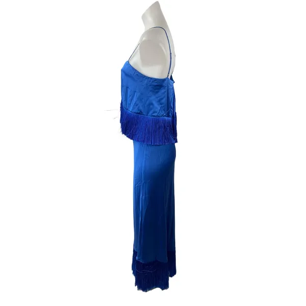 Cinq a Sept Blue Silk Satin Fringe Sleeveless Slit Cami Blouson Midi Dress Sz M - Image 3