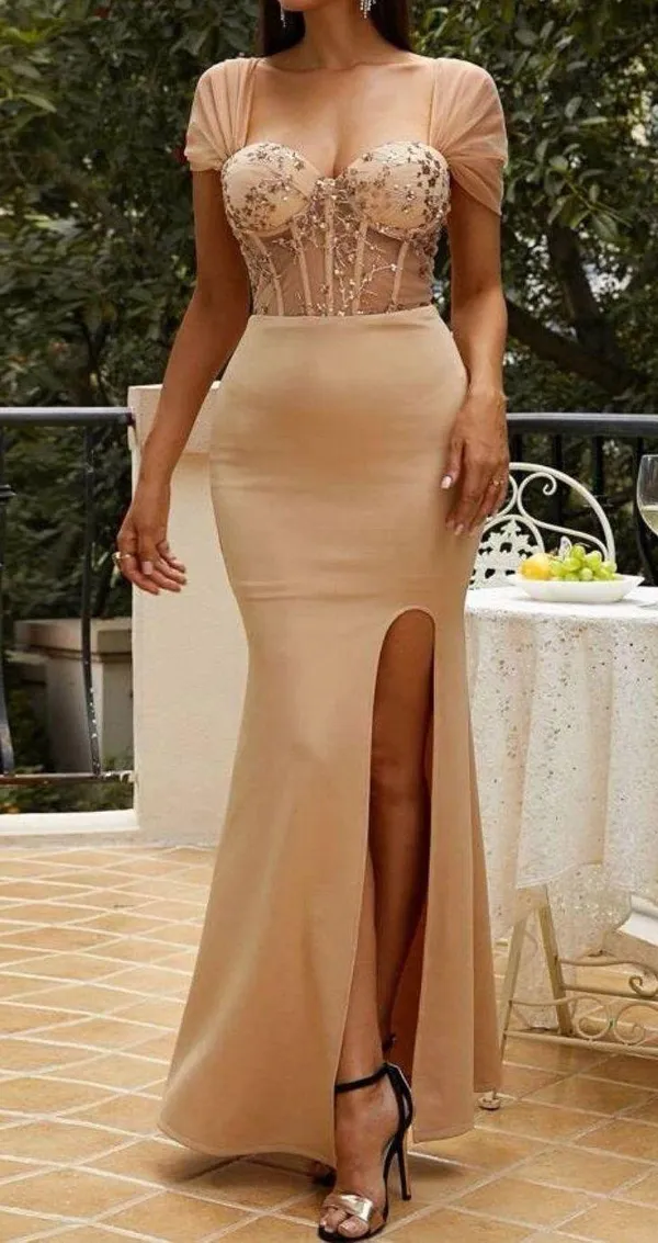 Boutique Tan/Nude Satin And Corset Mesh Embroidered Maxi Dress - Image 3