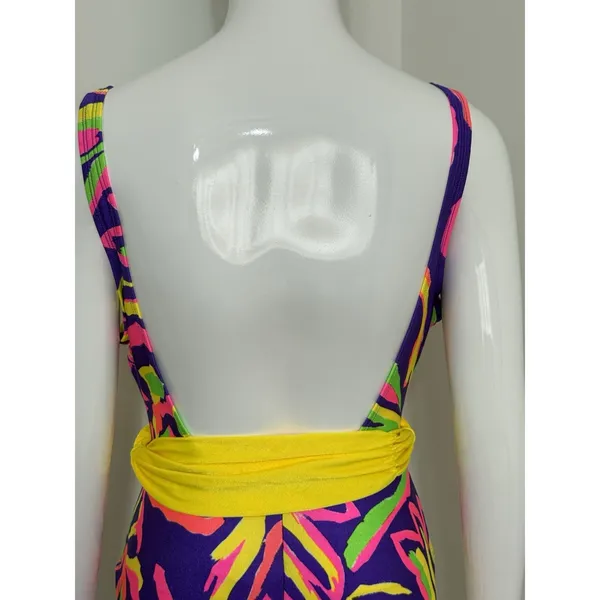 Vintage La Blanca 80s 90s One Piece Swimsuit Women’s Size 14 Neon Abstract Belt - Image 6