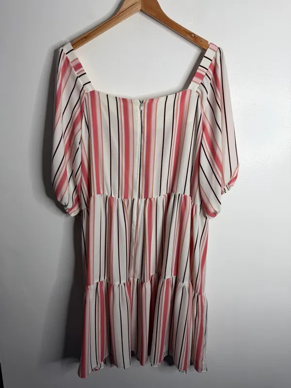 Gabby Skye Striped Babydoll Dress Puff Sleeve‎ Square Neck Pink Beige 18W Pastel - Image 3
