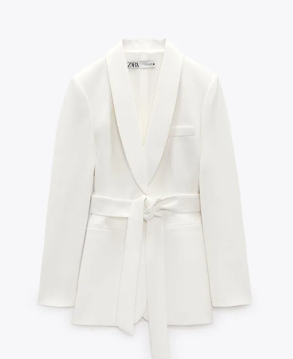 ZARA Tuxedo Blazer With Waist Tie Suit Jacket White - Image 4