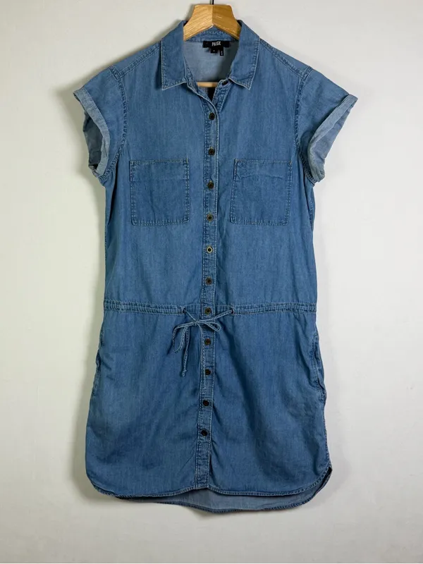 PAIGE Women’s Chambray Denim Boho Shirt Dress Drawstring Waist Pockets Blue Sz S - Image 2