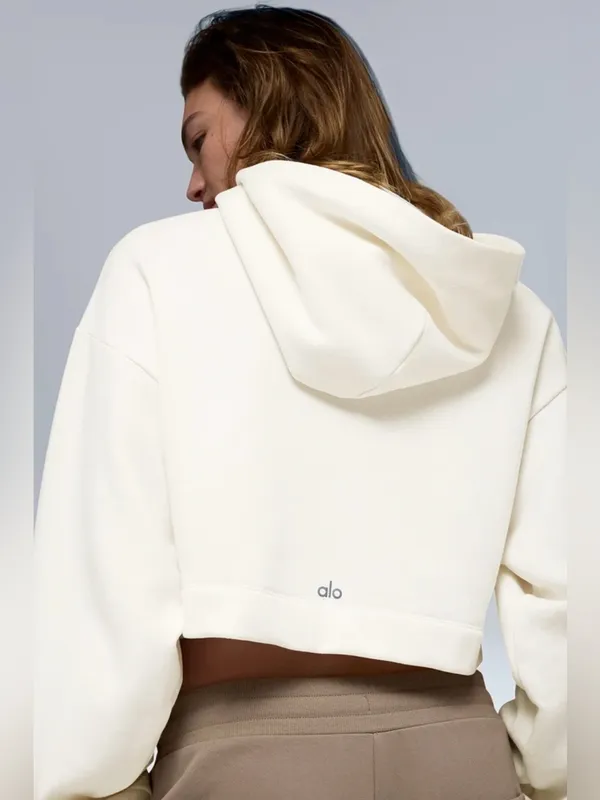 Alo NWT Bae Hoodie Ivory Cream Cropped Pullover Sweatshirt Size L - Image 2