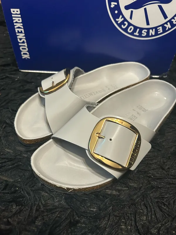 BIRKENSTOCK Madrid gray leather gold buckle sandals slippers shoes women’s eur 39 new - Image 2