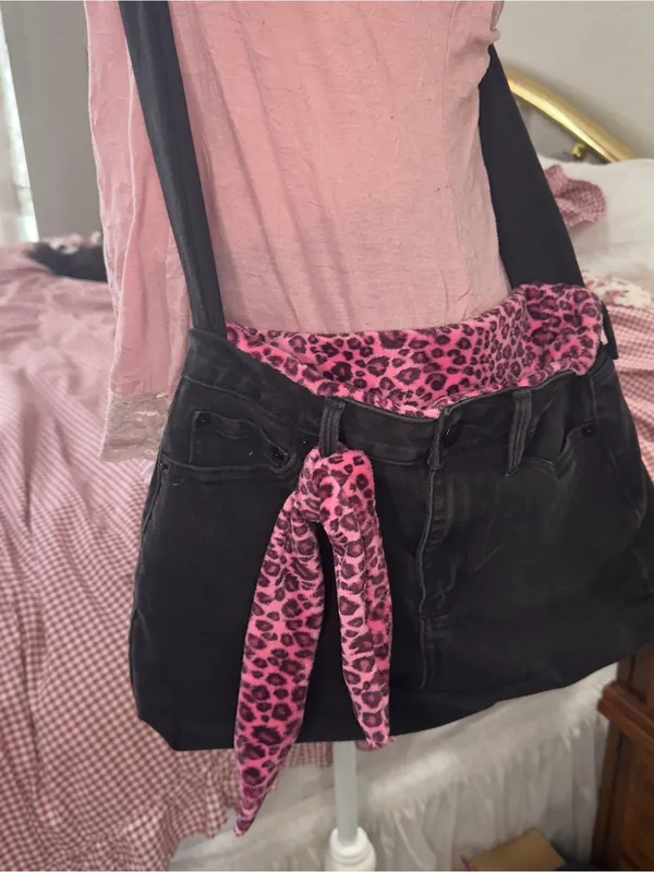 Handmade Black Canvas Crossbody Bag with Pink Leopard Accent - Women's Crossbody - Image 5