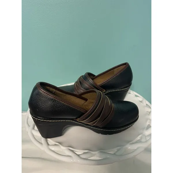 Thom McAn Casper Size 6 Black Brown Leather Wedge‎ Heel Clogs Shoes S-300 - Image 5