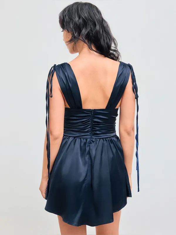 NWT Cider Solid Satin Ruched Mini Dress – Navy Blue – XL - Image 2
