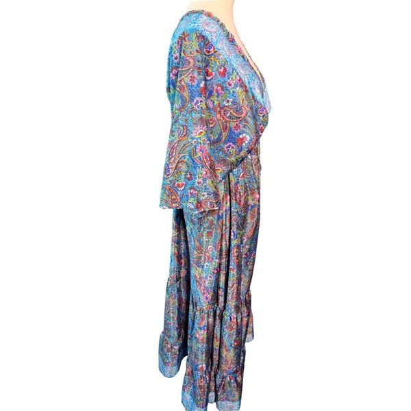 Zury Blue Paisley Silk Blend V-Neck Maxi Dress Ruffle Boho Free Size Kaftan - Image 3