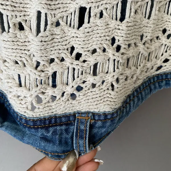 Free People XS Blue Denim Vest Crochet Boho Cowgirl‎ Country Jacket - Image 9