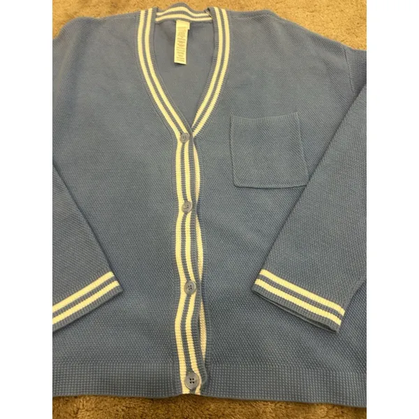 ALO Yoga Tennis Club Sweater Knit Cardigan Crystal Clear Blue/White Sz L Preppy - Image 6