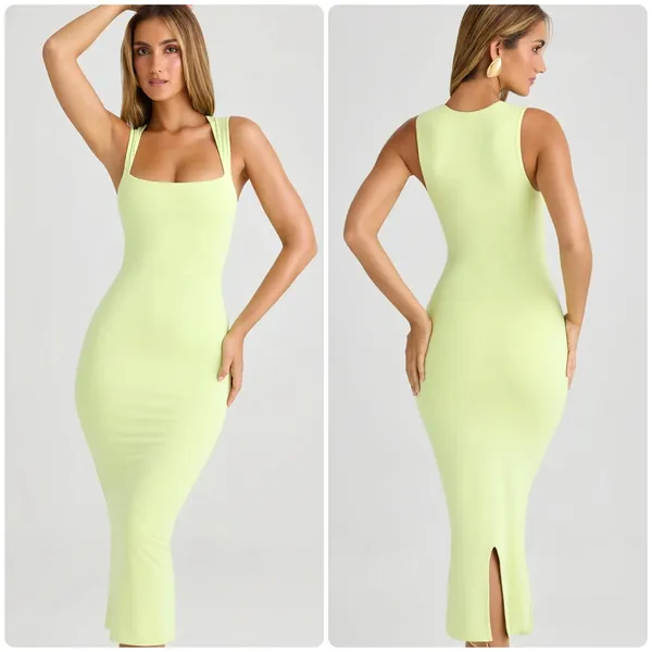 Oh Polly Ainslee Modal Square-Neck Bodycon Midi Dress in Matcha Green Size M - Image 2