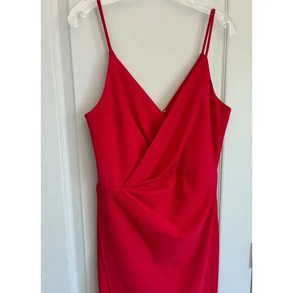 Betsey Johnson Red Faux Wrap Midi Dress Womens 8 V Neck Spaghetti Strap - Image 14
