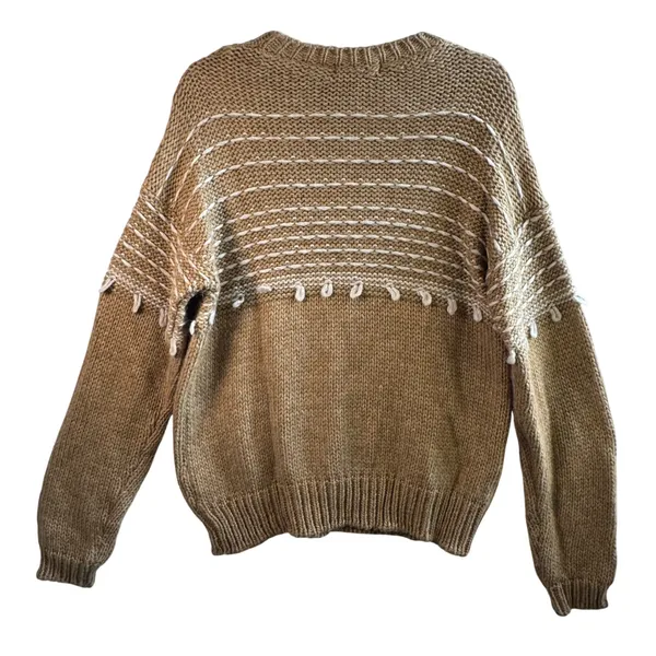 Elsamanda Italy Alpaca Wool Blend Chunky Knit Sweater Tan White Stripe Large‎ L - Image 2