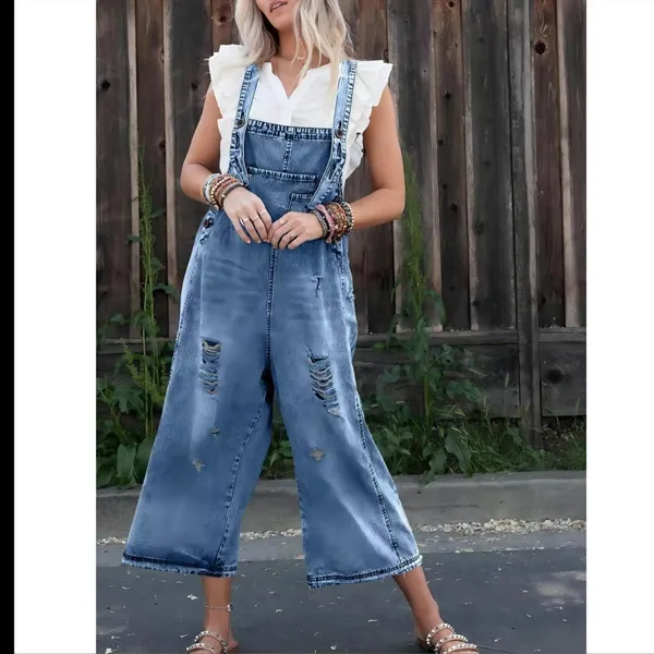Women's Distressed Blue Denim Overalls (Oversize) Size L - Image 8