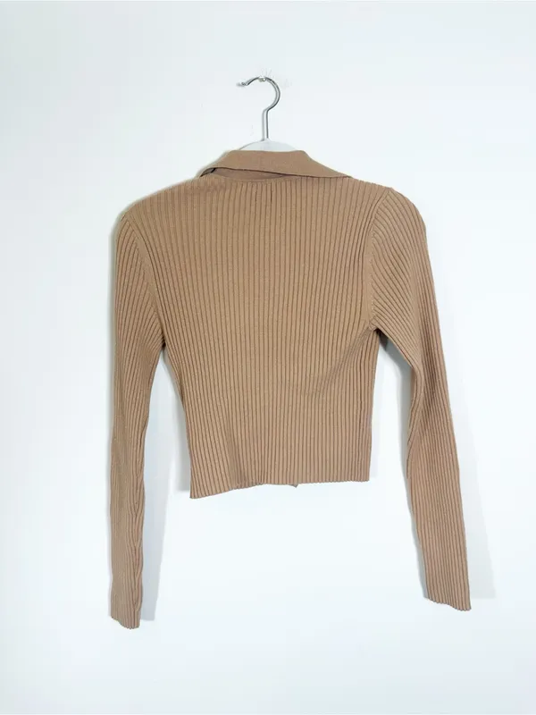 NWT Aerie Gotta Jet! Polo Ribbed Cropped Sweater Tan Medium - Image 3
