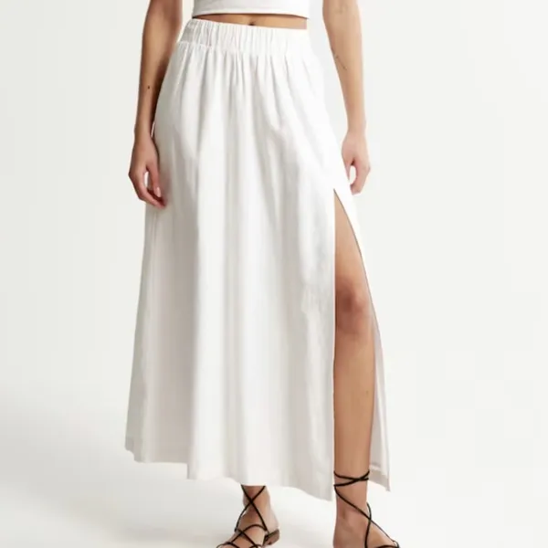 Abercrombie & Fitch Linen Blend Midi Skirt Size M Cream Slit Minimalist Neutral - Image 14