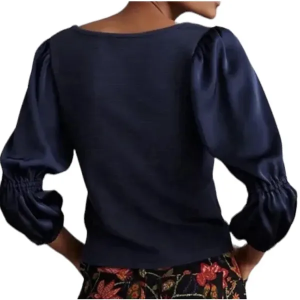 Anthropologie Maeve Blue‎ Ribbed Satin Tiered Balloon Sleeve Cropped Top Size S - Image 3