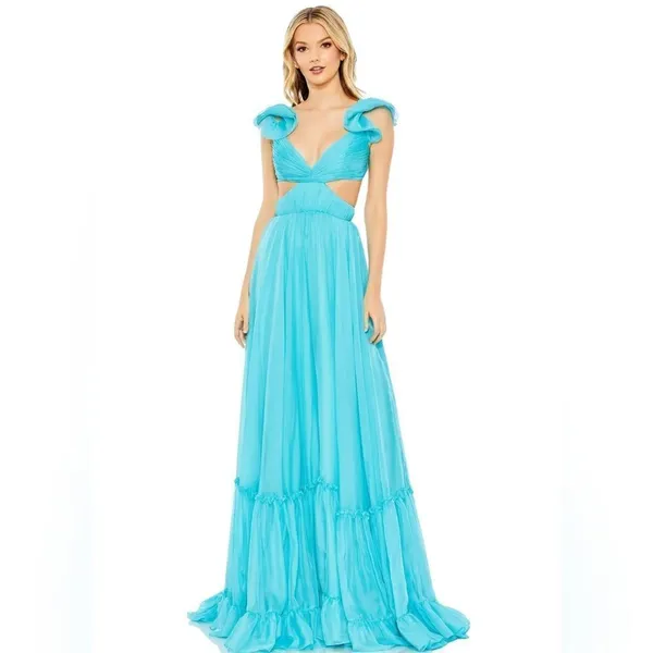 Mac Duggal 70254 Womens Blue Ruffled Shoulder Cut Out Lace Up Gown Dress - Image 3