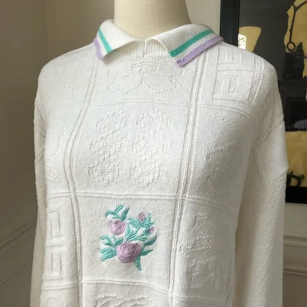 Vintage Embroidered Patchwork Cotton Sweater M White Size M - Image 3