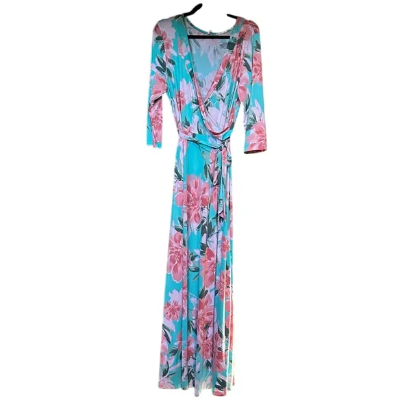 Pink Blue Floral Wrap Maxi Dress Plus Size 3X Stretchy Belted Easter Wedding - Image 2